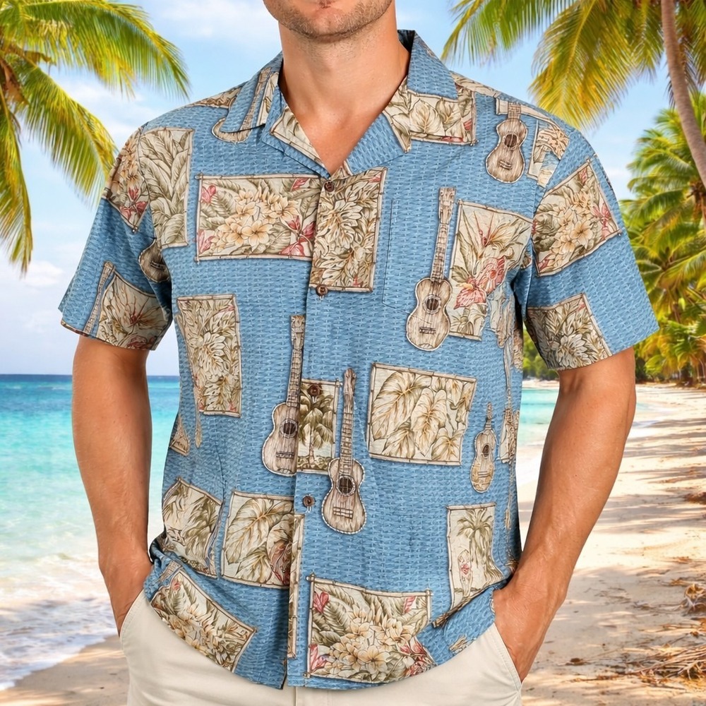 Made In Hawaii Brand Hawaiian Aloha Shirt Medium Ukuleles Floral Bamboo Blue Tan